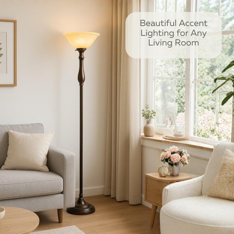 LIGHTACCENTS Royal Bronze Torchiere with Amber Alabaster Shade â€“ Standing Light for Bedroom, Living Room, Office, Reading Corner â€“ Floor Lamp for Home DÃ©cor, Ambient Uplight Accent - Image 2